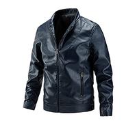 Veste en cuir synthétique pour homme avec col montant - Veste de motard en cuir synthétique - Veste de loisirs avec poches intérieures - Manteau chaud en cuir vintage - Coupe-vent confortable, bleu