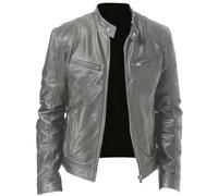 Veste en cuir synthétique pour homme - Fermeture éclair - Veste de moto vintage - Décontractée - Classique - Col montant - Veste de transition légère - Couleur unie - Avec poches - Manteau d'hiver