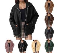 Veste en Daim Femme Grande Taille Veste en Cuir Femme Bomber Oversize Blouson Aviateur Chic Et Elegant Fourrure Manteau Court Legere Automne Jacket(Noir,L)