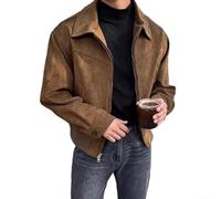 Veste en daim pour homme Vintage Cropped Col Revers Coupe ample Printemps Manteau décontracté Style Maillard pour les vacances Quotidien pour les loisirs Noir (XL Brown)