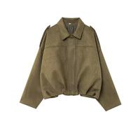 Veste en daim synthétique Y2K pour femme avec fermeture éclair intégrale et manches chauve-souris - Vêtement d'extérieur court tendance et décontracté