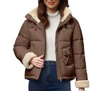 Veste en duvet courte et pelucheuse à col montant pour femme - Manteau d'hiver doublé en polaire - Trench court surdimensionné - Rembourré - Manches longues - Fermeture éclair intégrale, café, S