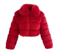 Veste en fausse fourrure duveteuse à revers pour femme avec fermeture éclair - Grande taille - Manteau d'hiver chaud à poils longs, Rouge, L