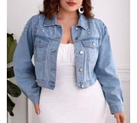 Veste en jean à perles poche à rabat 0XL,1XL,2XL,3XL,4XLUnicoloreJean