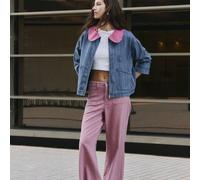 Veste en jean à rayures bleues avec col à carreaux roses, fermeture éclair avant et poches plaquées. Décontractée, w nd, rentrée scolaire, voyage. Veste pour femmes automne-hiver. L,M,S,XL,XSRayéJ