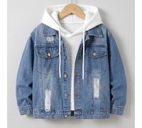 Veste en jean bleu clair décontractée pour garçons, toutes saisons, lavée au sel avec détails déchirés, col rabattu, simple boutonnage, coupe ample, tissu en jean de coton premium doux et confortable,