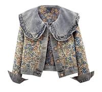 Veste en Jean BrodéE à Col De PoupéE à Volants pour Femmes Veste en Jean DéContractéE Jacquard à Manches Longues Bouton sur Le Devant Veste en Jean SurdimensionnéE