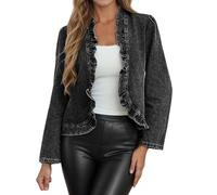 Veste en Jean, Chaqueta Vaquera Ligera Sin botones Con Volantes Para Mujer, Estilo Casual, Para el día a día y el otoño.