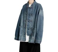 Veste en jean chinoise sans col à boutons vintage pour hommes cardigan ample et décontracté à boucle sans col veste kimono de printemps (Bleu Foncé,3TG)
