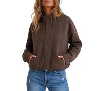 Veste en jean courte à col montant, fermeture éclair, style décontracté | Doudoune Noir Courte Blazer Capuche Randonnée 3 and Imprimé Reflechissante Bouteille Intérieur Jacquard Brun