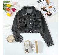 Veste en jean courte vintage et délavée dans le style américain des rues pour les préadolescentes. Coupe ample, poches de style workwear. Veste en jean courte, style rétro de Hong Kong, polyvalente po