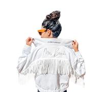 Veste en jean de mariée personnalisée à franges blanches personnalisées, veste en jean de mariée coupée personnalisée, veste de fête de cowgirl pour enterrement de vie de jeune fille, Blanc cassé, L