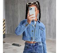 Veste en jean délavé bleu tout-aller pour préadolescentes, design à ourlet élastique, taille ajustée, veste en jean courte, élément essentiel pour les filles à la mode, jean polyvalent pour le quotidi