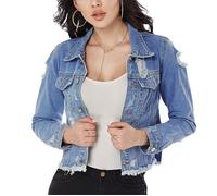 Veste en Jean Femme Bouton Jacket Veste Coat Blouson Bombers Veste Jean Printemps Automne Veste Courte,Bleu2 L