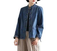 Veste en jean femme Cardigan rétro chinois brodé veste Slim boucle haut (Color : Blue, Size : XL)