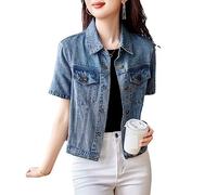Veste en Jean Femme, Veste en Jean À Manches Courtes pour Femme Bleu Clair Délavé Revers Boutonné Manteau en Denim D'Été Vintage Veste en Jean De Camionneur en Détresse Tops pour Dames Filles