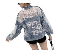Veste en Jean Femme,Veste en Jean Brodée Florale en Dentelle pour Femme Tops en Jean Brut Effiloché sur Mesure Stretch Trucker Casual Outwear Cropped Button Denim Coat Cardigan Jeansjacke pour Les F