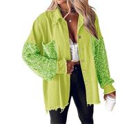 Veste en jean patchwork à paillettes pour femme - Manches longues scintillantes aux couleurs contrastées surdimensionnées boutonnées - Chemise élégante et décontractée en jean pour les tenues de fête