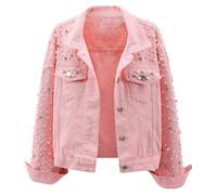 Veste en jean pour femme - Avec perles et strass - Couleur unie - Grande taille - Courte - Manteau en jean à paillettes - Y2K Streetwear - Vêtement d'extérieur - Printemps - Automne - Denim - Veste