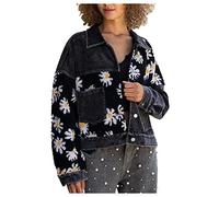 Veste en jean pour femme - Courte - Hipster - Veste d'automne - Manches longues - Avec col rabattu - Décontracté - Bloc de couleurs - Patchwork - Veste de cyclisme - Cardigan avec boutons, Noir , M