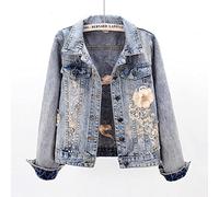 Veste en Jean pour Femme - Dentelle Perles Trous Denim Veste Femmes Slim Short Vintage Bleu Clair Cowboy Vêtements D’Extérieur Jeans Manches Longues Veste Manteau Femme,comme Montré,XXL