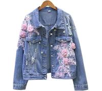 Veste en Jean pour Femmes - Fleur Brodée Bleu Clair Vintage Grande Taille Revers Simple Boutonnage Denim Vêtements D’extérieur, Veste en Jean Courte Slim à Manches Longues, Blue, XL