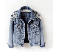 Veste en Jean pour Femmes - Veste en Jean D’élasticité Perlée De Couleur Unie, Lâche Grande Poche Lavage à L’Eau à Manches Longues Courtes Femmes Vêtements D, Blue, M