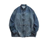 Veste en jean pour homme avec col haut style chinois rétro bouton design et poche veste en jean classique style Tangzhuang manches longues veste homme cour veste en jean veste décontractée, bleu, M