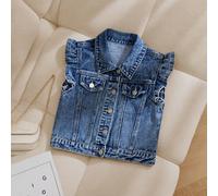 Veste en jean sans manches pour filles, bleu moyen, col à revers à volants, simple boutonnage avec poches, gilet en jean polyvalent, vêtement d'extérieur décontracté et vintage lavé, gilet de superpos