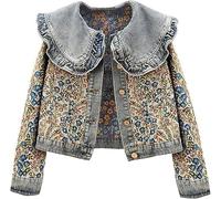 Veste en jean vintage à motif floral pour femme, col claudine, manches longues, motif floral bleu, veste en jean boutonnée, bleu, S