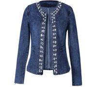 Veste en Jean Vintage à Strass pour Femme, Veste à Manches Longues, Veste en Jean à Paillettes en Cristal, Veste en Jean à Paillettes à Manches Longues (Bleu,M)