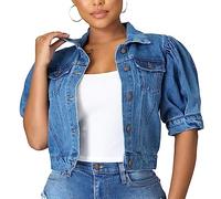 Veste en Jeans Femme, Veste en Jean À Manches Courtes Bouffantes pour Femmes Manteau en Jean Court Boutonné À La Mode Manteau en Jean Vintage Délavé Été Délavé Jean Shrug Jacket Tops pour D