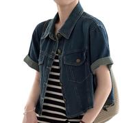 Veste en Jeans Femme, Veste en Jean À Manches Courtes pour Femme Vintage Revers en Détresse Boutonné Manteau en Denim Court Été Mode Lavage Faded Jean Biker Manteau Tops pour Dames Filles,Bleu