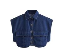 Veste En Jeans Pour Femme Sans Manches Court Manteaux Boutonné Crop Veste En Jean Avec Poches Décoratives Lavés(Dark blue,S)