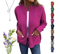 Veste en Maille à col Rond et Fermeture éclair, Cardigan Court en Maille zippée for Femme, Confortable et décontracté, avec Poches(Rose,XXL)