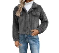 Veste en peluche confortable pour femme - Col boutonné - Manches longues - Épaules tombantes - Manteau chaud - Vêtement d'extérieur pelucheux pour l'hiver, la vie quotidienne, cadeaux de Noël, gris