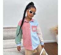 Veste en velours côtelé blocs de couleurs pour préadolescentes, vêtement d'extérieur polyvalent et pour tous les jours dans des couleurs pastel 8Y,9Y,10Y,11Y,12YBlocs de couleur,Géométrique,LettresPol