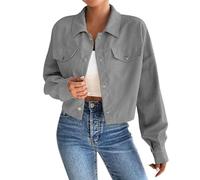 Veste en velours côtelé pour femme - Veste courte à manches longues avec poches à rabat, 1B - Gris, S