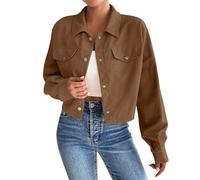 Veste en velours côtelé pour femme - Veste courte à manches longues avec poches à rabat, 1B - Marron, XL