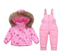 Veste et Pantalon 2 Pièces de Ski pour Enfant, Combinaison Softshell D'extérieur Résistant à la Neige avec Doudoune Manteau Coupe-vent et en Neige Bavoir Pantalon Duvet pour 1-6 Ans