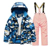 Veste et Pantalon de Ski Enfant Camouflage 2 Pièces, Ensembles de Neige Veste avec Bavoir Pantalon et Combinaison Amovible pour Plein Air Alpinisme Ski-Coupe-vent-Imperméable-Épaissi