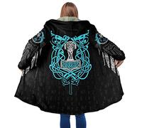Veste extérieure coupe-vent Mjölnir 3D pour hommes Manteau coupe-vent à capuche mi-long en laine d'agneau et coton Viking Tattoo Poncho cape de sport décontracté pour l'hiver (Color : Thor's Hammer X