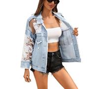 Veste Femme Chic, Veste en Jean brodée de Maille, légère, à Manches Courtes, idéale pour la Saison, avec empiècement en Filet et détails en Dentelle, Parfaite pour Un Look décontracté au Soleil.