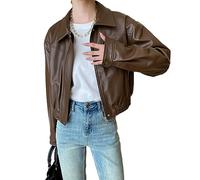 Veste Femme En Faux Cuir Col Revers Moto Fermeture Éclair Manches Longues Motard Veste Manteau Court,Marron,M