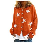 Veste Femme imprimé Étoile Tricot Doux Cardigan col Rond avec Boutons Ample Pull Hiver Chaud Chic Manche Longue Devant Ouvert Gilet Fantaisie Motif Mode Decontracte Manteau (Orange, XL)