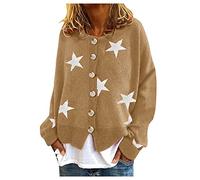 Veste Femme imprimé Étoile Tricot Doux Cardigan col Rond avec Boutons Ample Pull Hiver Chaud Chic Manche Longue Devant Ouvert Gilet Fantaisie Motif Mode Decontracte Manteau (Khaki, M)
