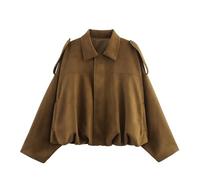 Veste Femme Manteau Aviateur Faux Suede avec Fermeture éclair intégrale et manches chauve-souris Jacket Lapel Collar Blouson aviateur de travail courtes Femme Y 2K Oversize Rue Casual (Z1-Brown, M)