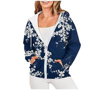 Veste Femme Zippé avec Poche Imprimée Chaud Nouvelle 2023 Parka Vintage Manteau Confortable Pull Polaire Femme Halloween Cape Pluie Noel Sweat À Capuche Bleu foncé XXL