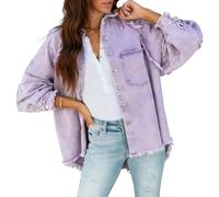 Veste grande taille femme, veste en jean déchirée oversize, ourlet effiloché, fermeture boutonnée, poches, violet clair, taille S