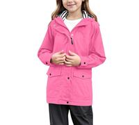 Veste Imperméable Enfant 9-10 Ans, Légère À Capuche Veste De Pluie Softshell Impermeable Manteau Pluies Doublé À Rayures Longue Respirante Coupe-vent Manteaux De Pluie Pour Garçons Filles, Rose vif